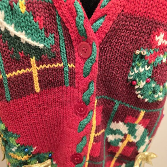 Jennifer Moore Petites Ugly Christmas Sweater Vest Women's Medium Red Hand Knit - Picture 10 of 10